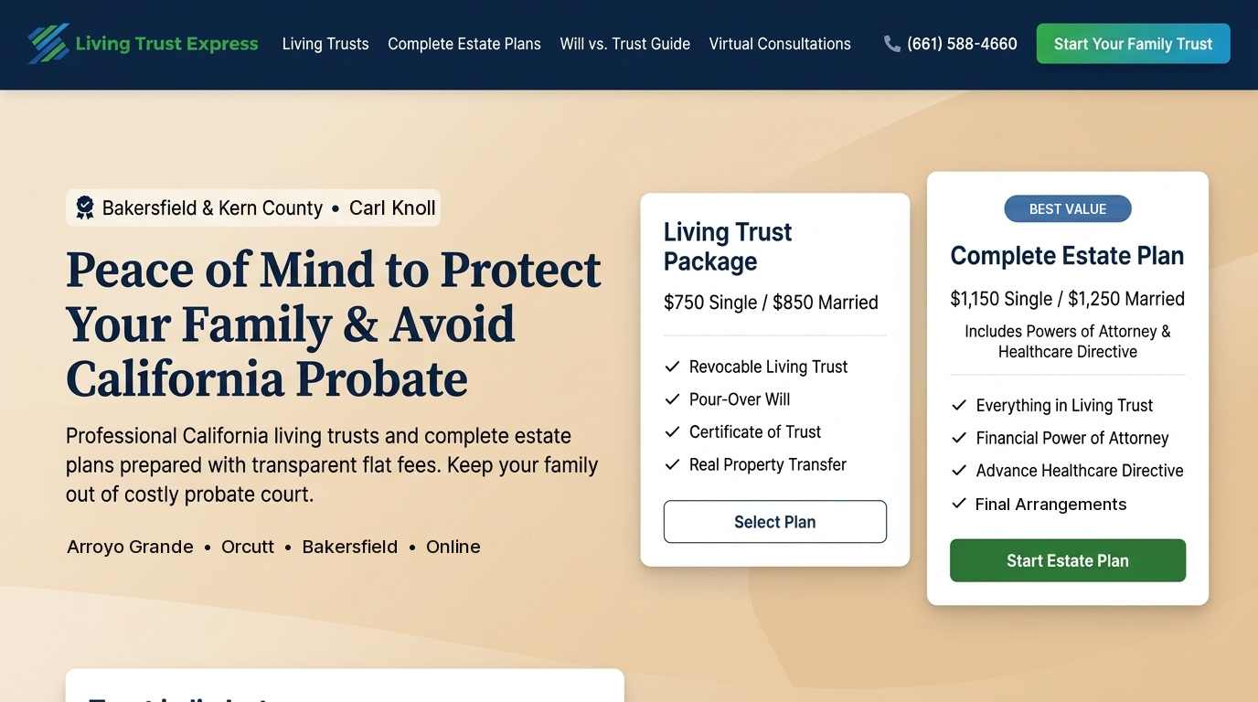 Proposed Living Trust Express homepage with package pricing